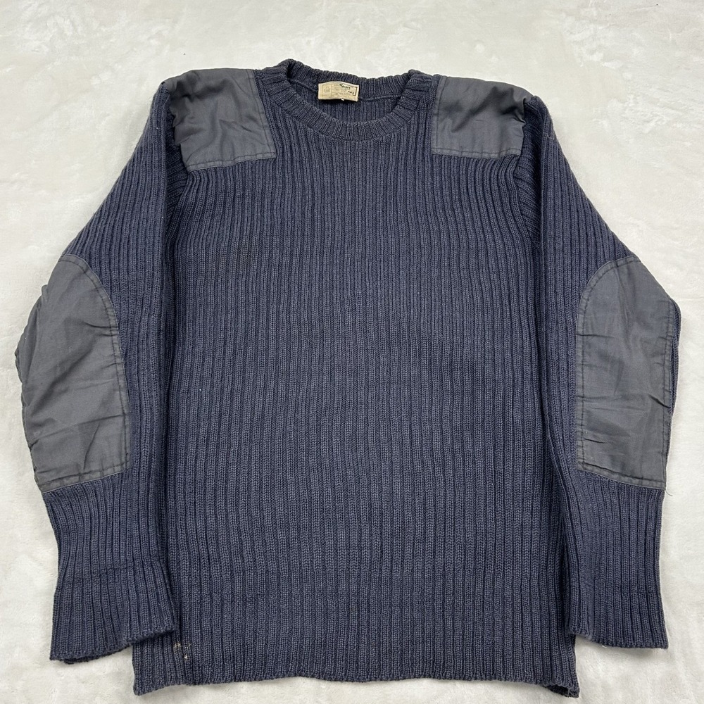 L.L. Bean Commando Sweater Mens L Blue Wool Ribbed Patch Made in England